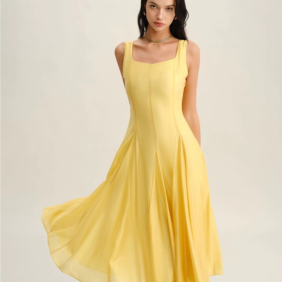 RIHOAS Dresses & Skirts - Yellow Square Neck Pleated Slip Midi Dress